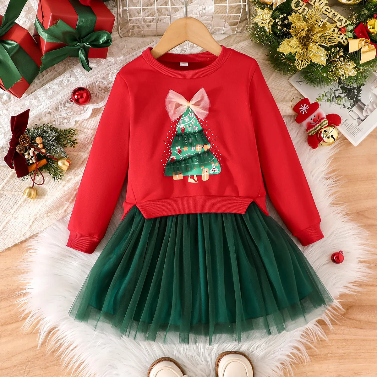 4-7Y Kids Christmas Dresses For Girls Bow Green Xmas Tree Hoodies Dress For New Year Kids Girl Evening Dress Festival Clothing