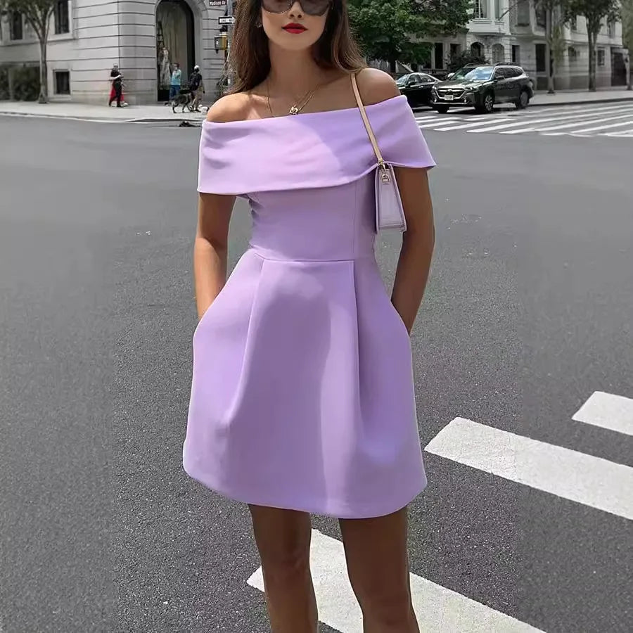 Elegant Off Shoulder Mini Dress Women Slash Neck Sleeveless Backless A-line Evening Dresses Female 2024 Autumn Lady Vestidos