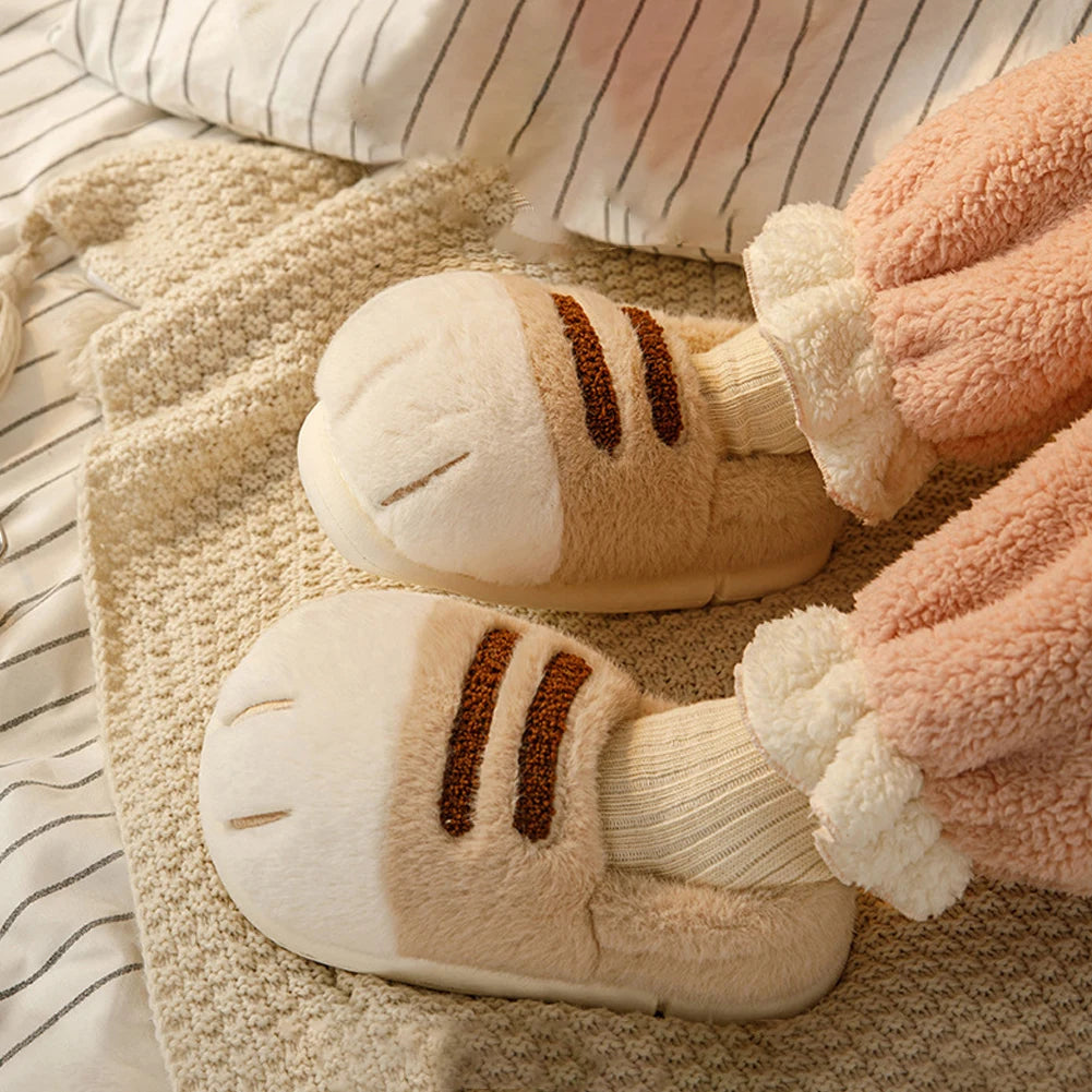 3D Cat Paw Plush Slippers Warm Slip-on House Shoes Anti Slip Flat Thermal Slippers Furry Paw Couple Slippers for Autumn Winter