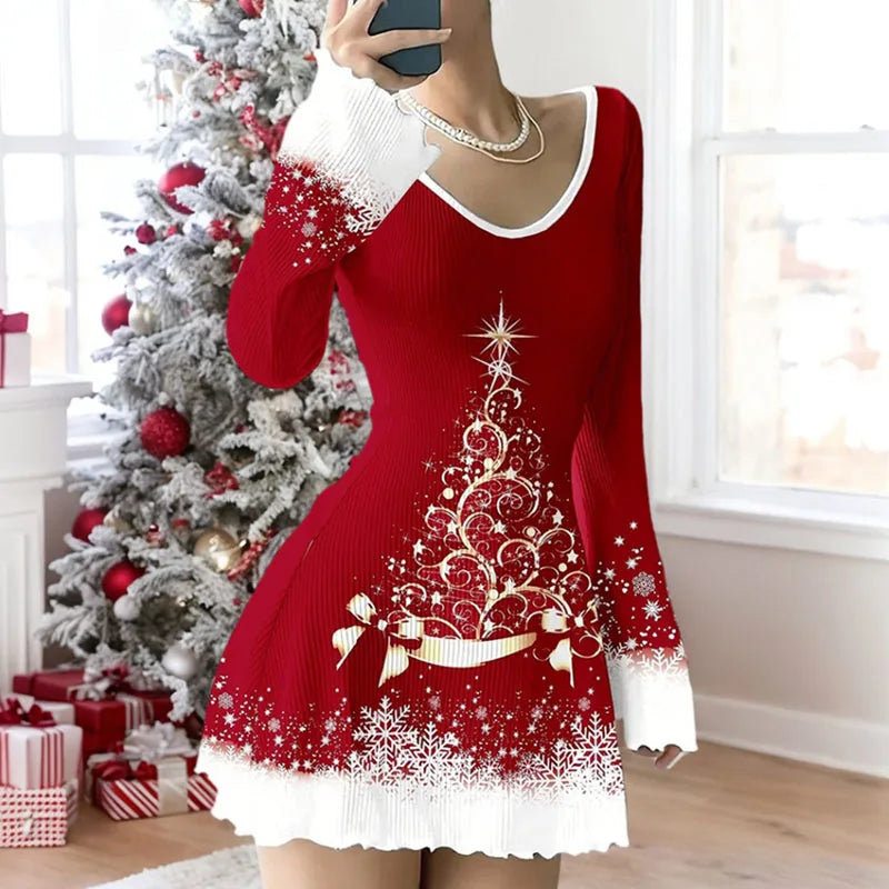 Christmas Dress Women Snowman Snowflake Print Elegant Party Dresses Fall New V Neck Flare Long Sleeve Mini Dress Female Clothing