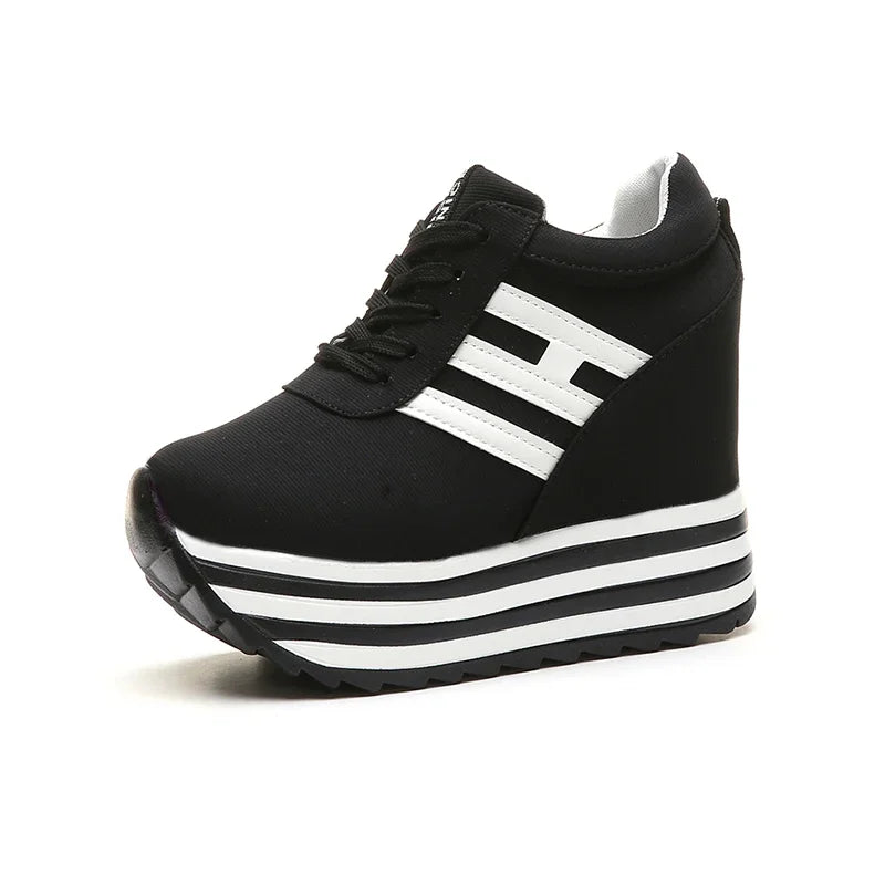 Women Sneakers Fashion Women 10CM Height Increasing Breathable Lace-Up Wedges Sneakers Platform Shoes Canvas Woman Casual Shoes