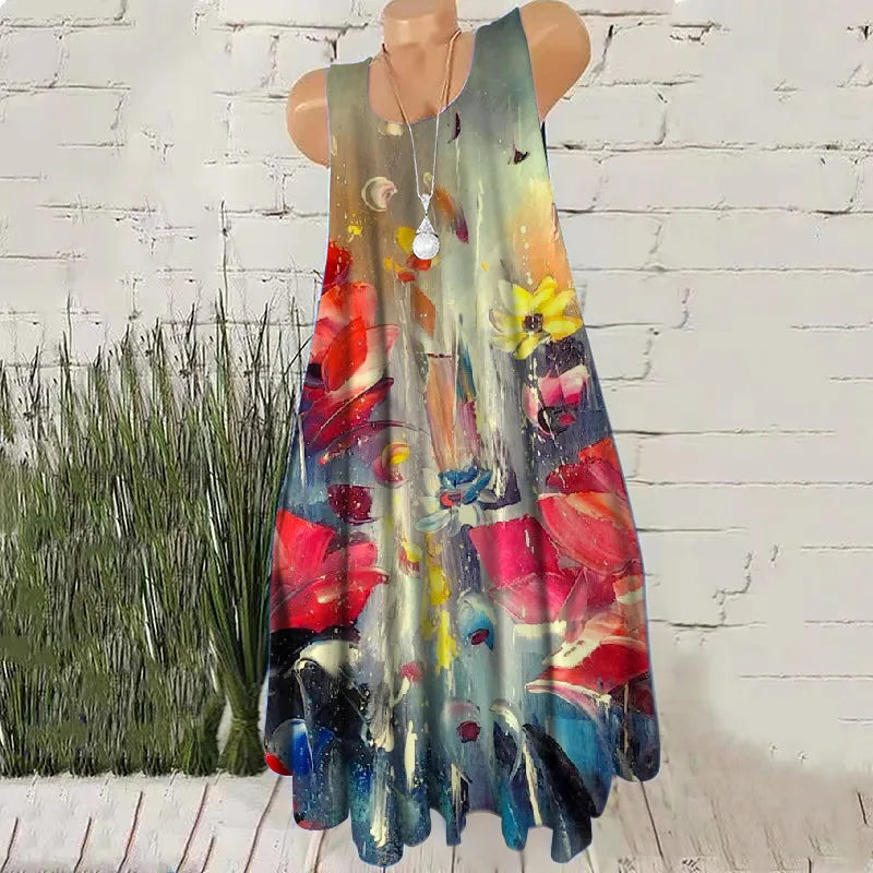 Hand-Painted 3D Print Women Fashion Mini Dresses Sleeveless Summer Loose Casual Short Dress Oversized Round-Neck Female Dress