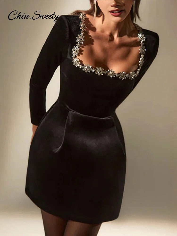Velvet Square Collar Beading Long Sleeve Dress Women High Waist Slim A-line Party Dresses 2025 Lady Christmas Evening Gowns New