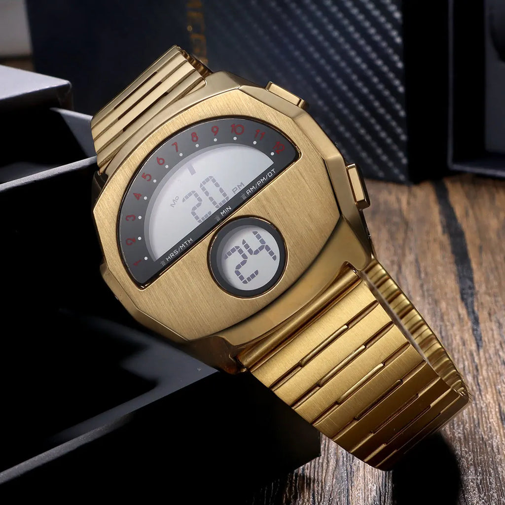 Unique Digital Watch for Men Stainless Steel Electronic Wristwatch with Calendar LED Backlight Cool Streetwear Style Watches