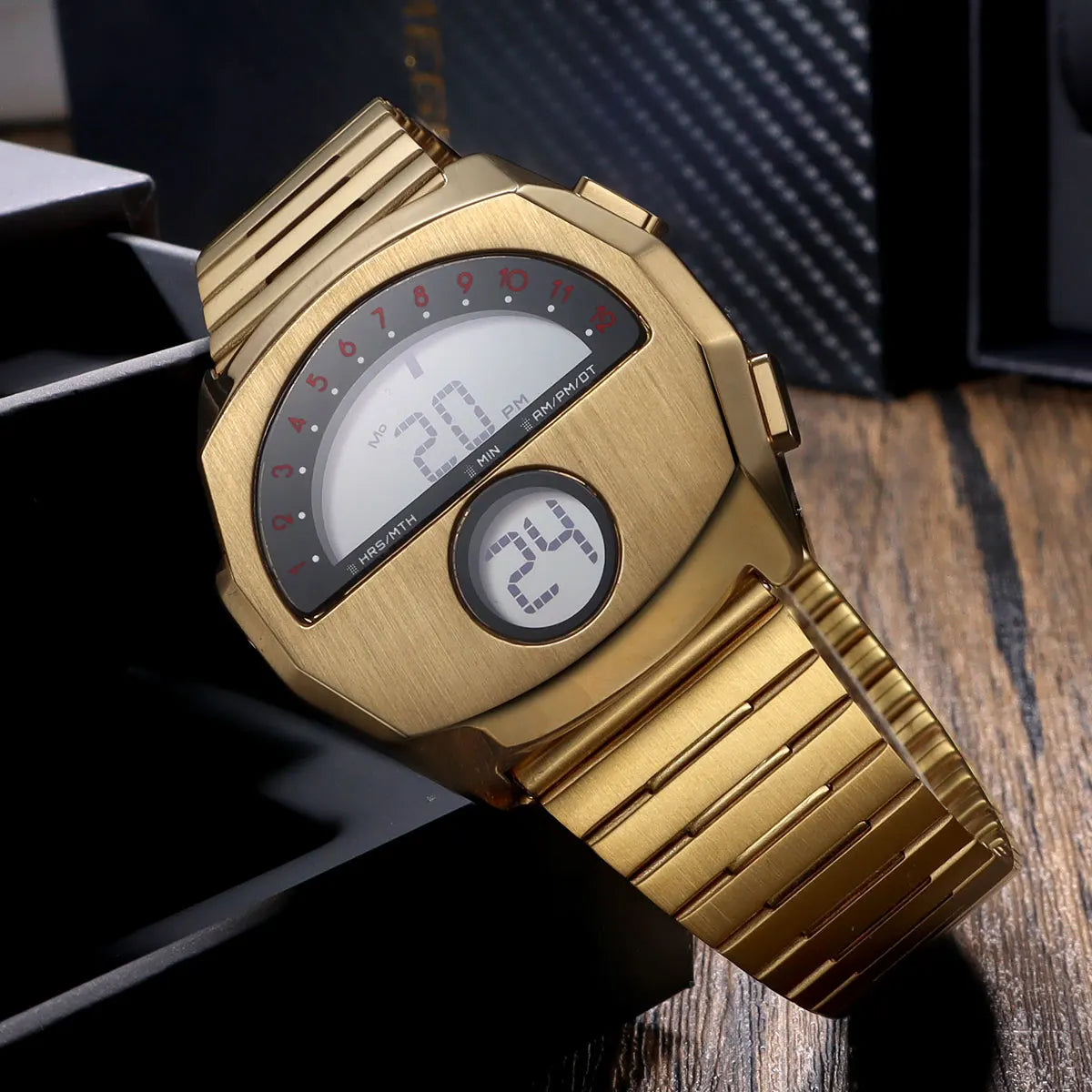 Unique Digital Watch for Men Stainless Steel Electronic Wristwatch with Calendar LED Backlight Cool Streetwear Style Watches
