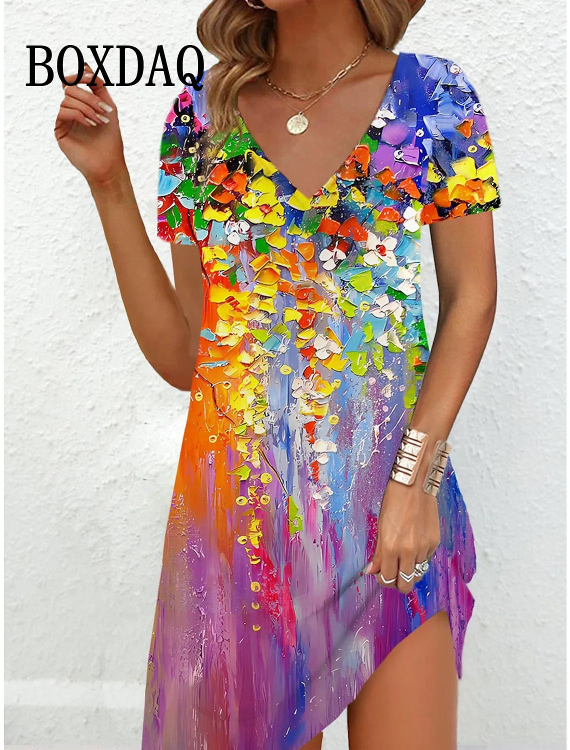 New Summer Women Dresses 3D Colorful Painting Tie Dye Print Dress Vintage Short Sleeve Casual V-Neck Loose A-Line Dress Vestidos