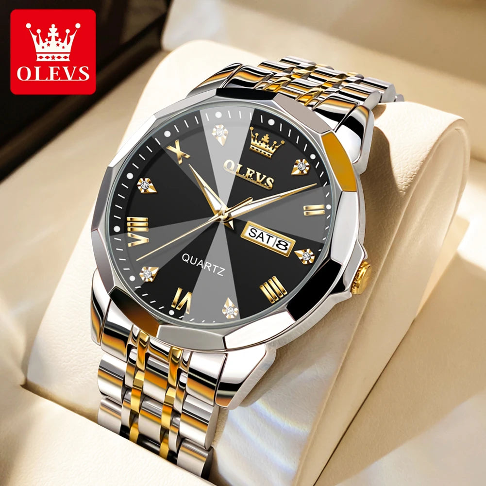 OLEVS Men Watches Smart Casual Top Brand Stainless Steel Original Quartz Wristwatch Rhombus Mirror Waterproof Date Week Luminous