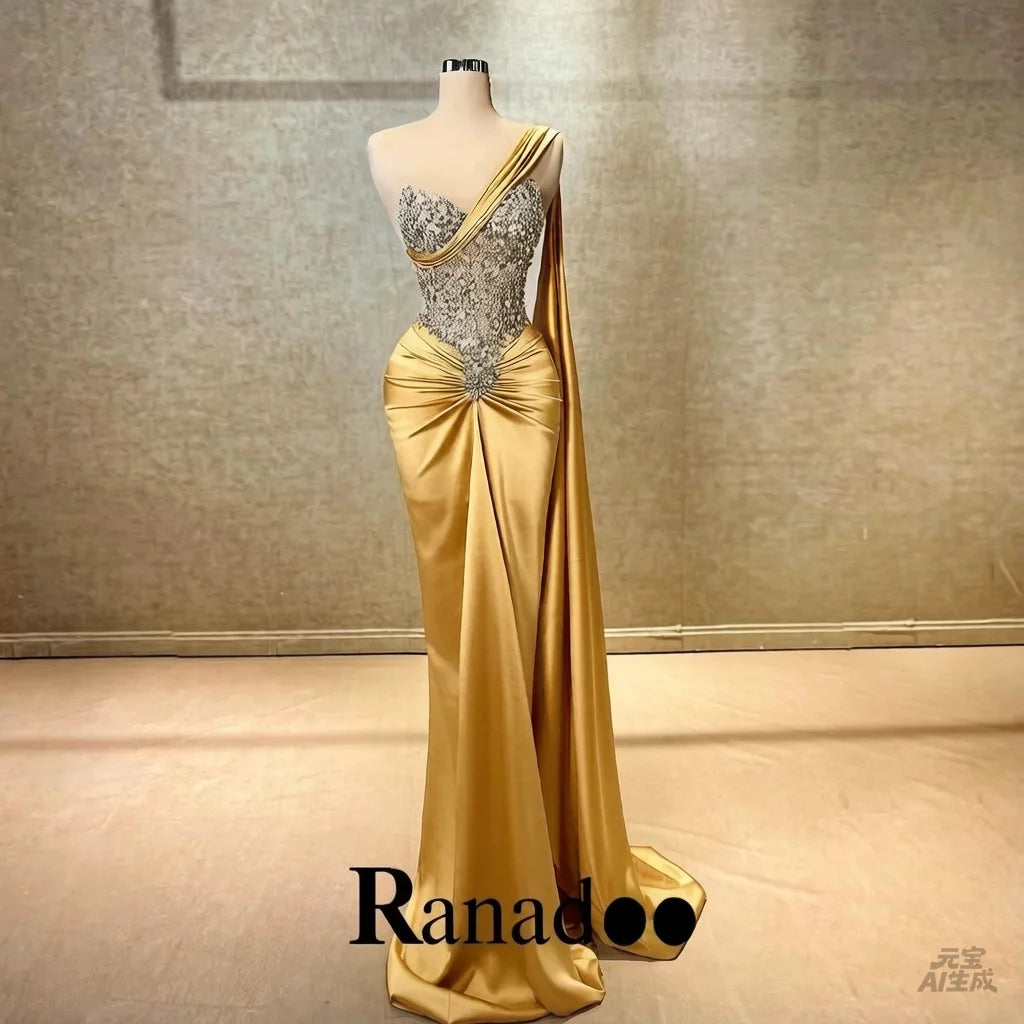 Ranadoo Charming One Shoulder Prom Dresses for Women Birthday Party Rhibestones Mermaid Ruched Vestido De Formatura Customized