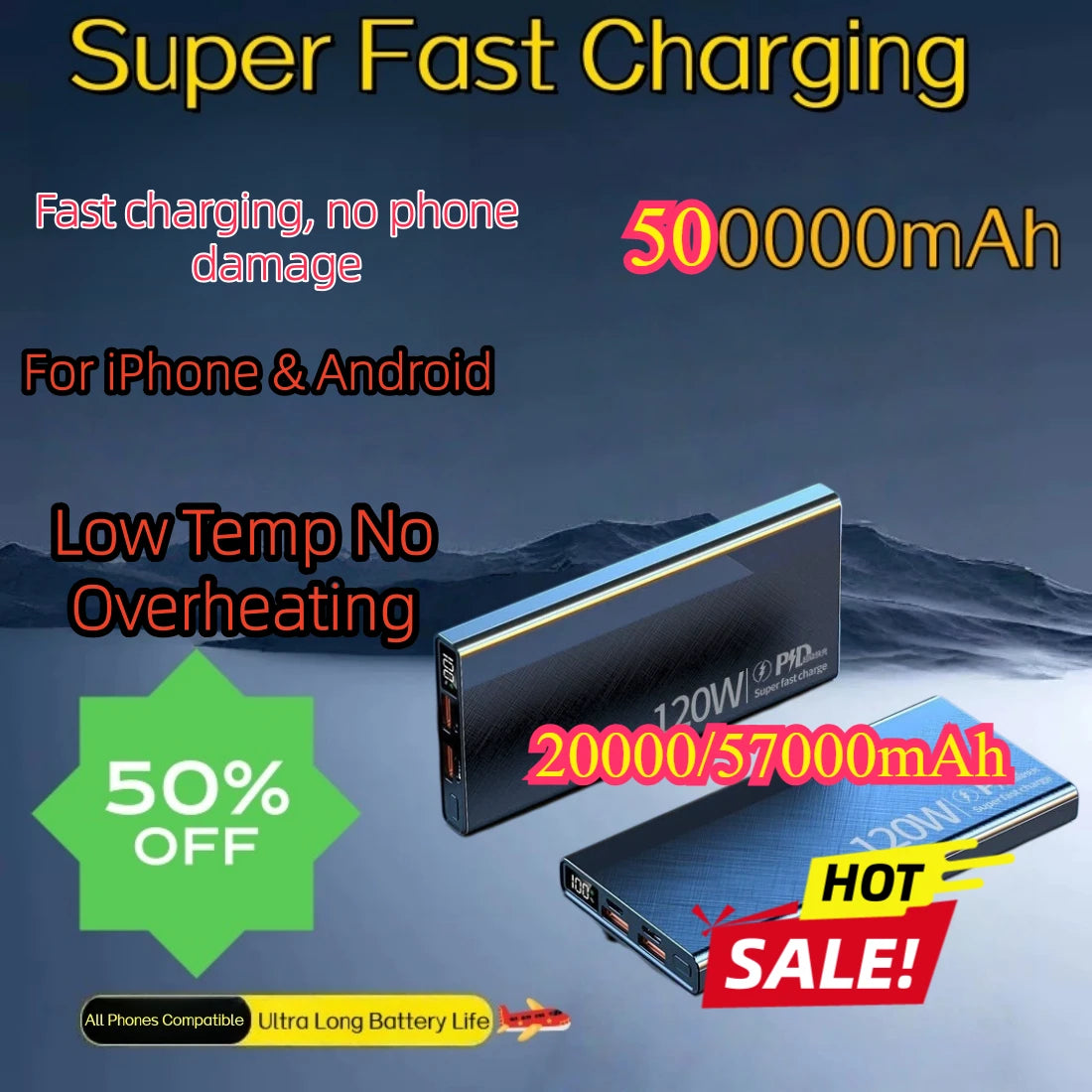 20W Super Fast Charging 500000mAh Power Bank  Large Capacity PD Digital Display Portable External Battery 20000mAh 57000mAh