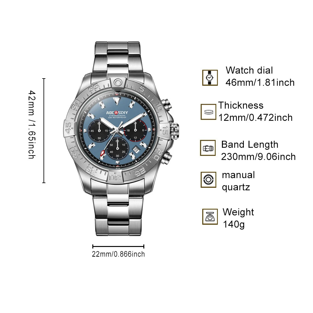 Men's watch, three eye six pin steel strap watch, luminous calendar, quartz watch