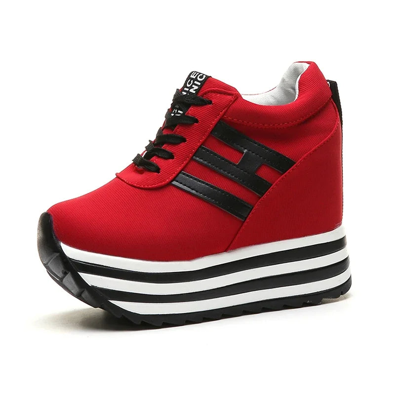 Women Sneakers Fashion Women 10CM Height Increasing Breathable Lace-Up Wedges Sneakers Platform Shoes Canvas Woman Casual Shoes
