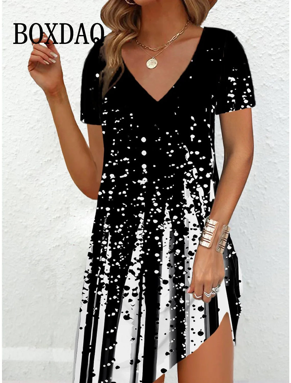 New Summer Women Dresses 3D Colorful Painting Tie Dye Print Dress Vintage Short Sleeve Casual V-Neck Loose A-Line Dress Vestidos