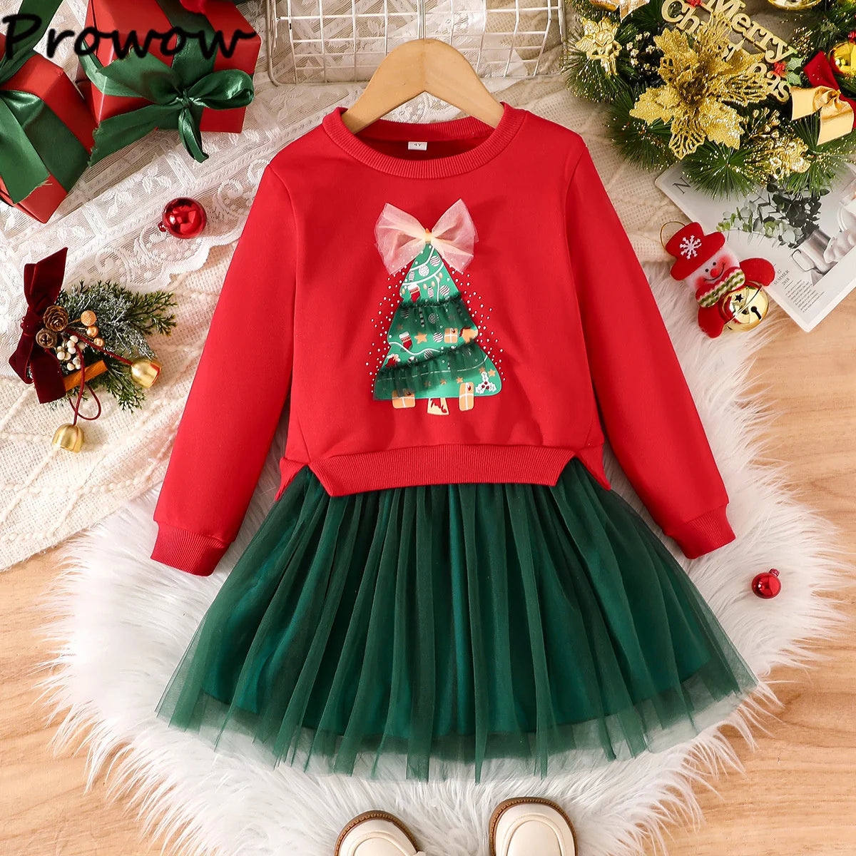 4-7Y Kids Christmas Dresses For Girls Bow Green Xmas Tree Hoodies Dress For New Year Kids Girl Evening Dress Festival Clothing