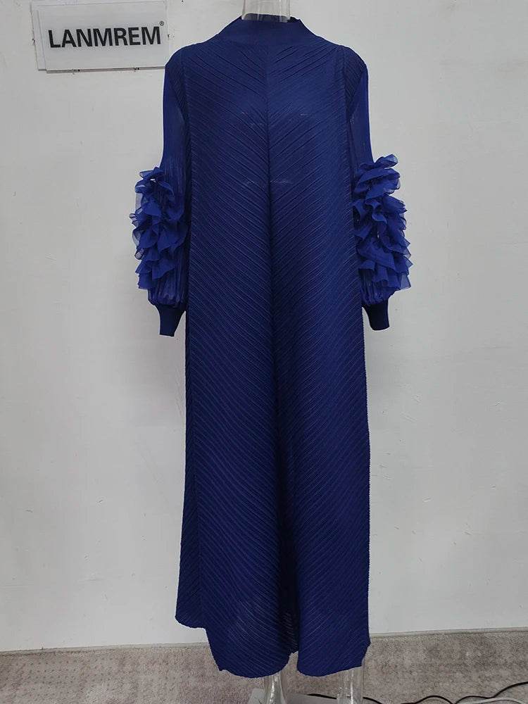 LANMREM Maxi Pleated Dress Round Neck Spliced Fungus Full Sleeve Dresses For Women 2025 New Spring Clothing 2Qa1331