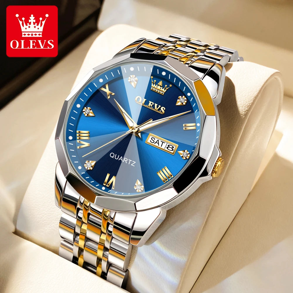 OLEVS Men Watches Smart Casual Top Brand Stainless Steel Original Quartz Wristwatch Rhombus Mirror Waterproof Date Week Luminous