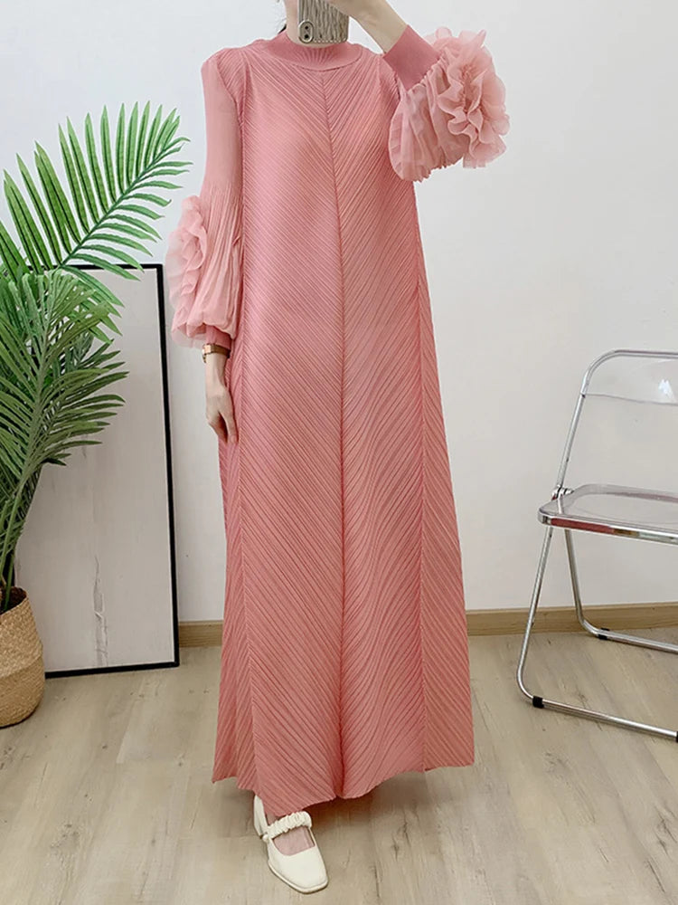 LANMREM Maxi Pleated Dress Round Neck Spliced Fungus Full Sleeve Dresses For Women 2025 New Spring Clothing 2Qa1331