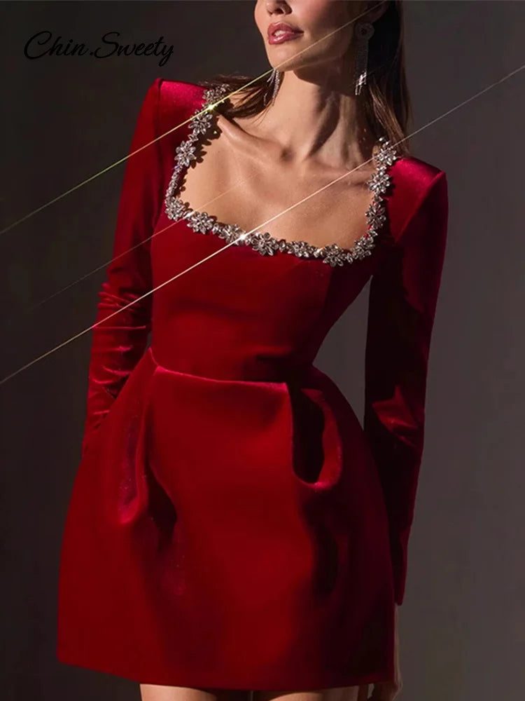 Velvet Square Collar Beading Long Sleeve Dress Women High Waist Slim A-line Party Dresses 2025 Lady Christmas Evening Gowns New