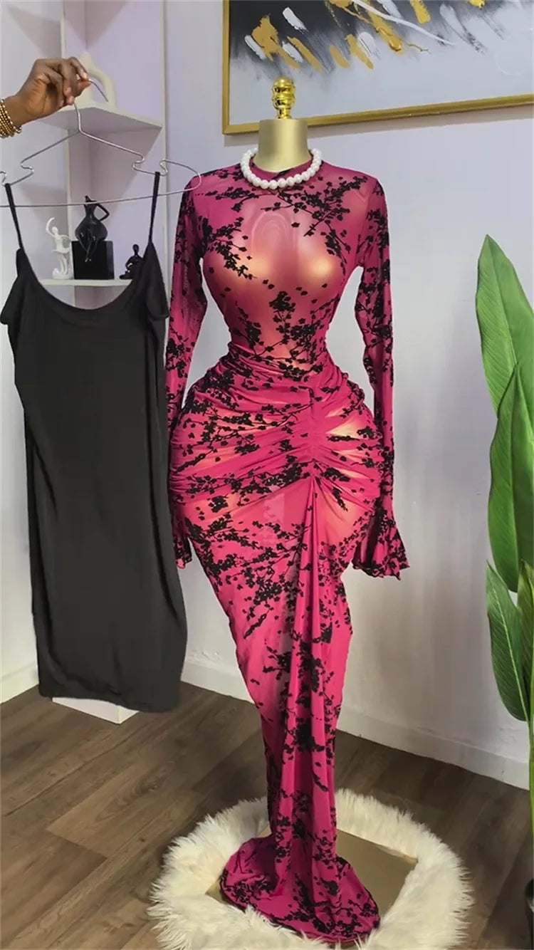 CM.YAYA 2025 Fall Women Long Sleeve Stacked Mesh See Though with Lining Bodycon Long Dress Evening Birthday Sexy Party Dresses