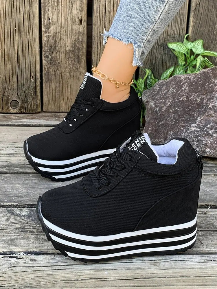 Women Sneakers Fashion Women 10CM Height Increasing Breathable Lace-Up Wedges Sneakers Platform Shoes Canvas Woman Casual Shoes