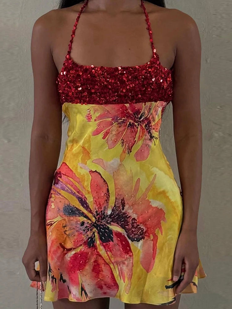 Sexy Print Sequined Mini Dress Women Party Sleeveless Backless Halter Slim Female Dresses 2026 Spring Summer Elegant Lady Robe