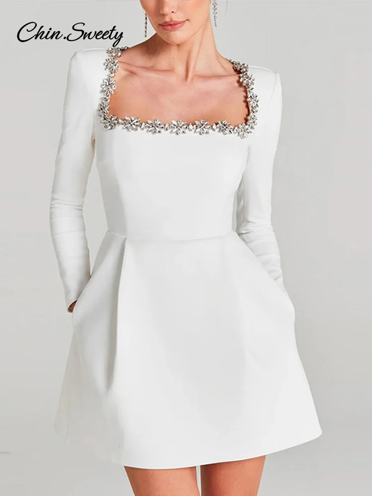 Velvet Square Collar Beading Long Sleeve Dress Women High Waist Slim A-line Party Dresses 2025 Lady Christmas Evening Gowns New