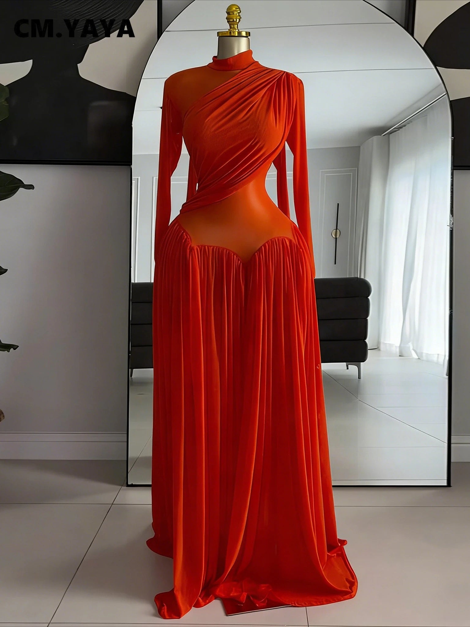 CM.YAYA Women Full Sleeve Ruched O-neck Maxi Long Dress 2026 Spring Evening Birthday Vacation Sexy Party Club Dresses Vestidos