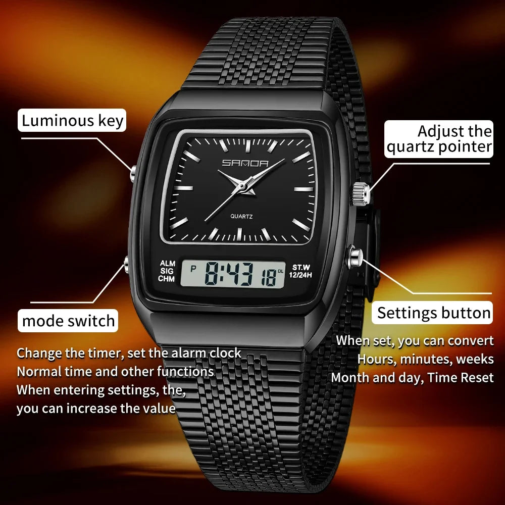SANDA Watches Men Waterproof Analog Digital Quartz Wristwatches Male Stainless Stopwatch Alarm Clock Man Watch