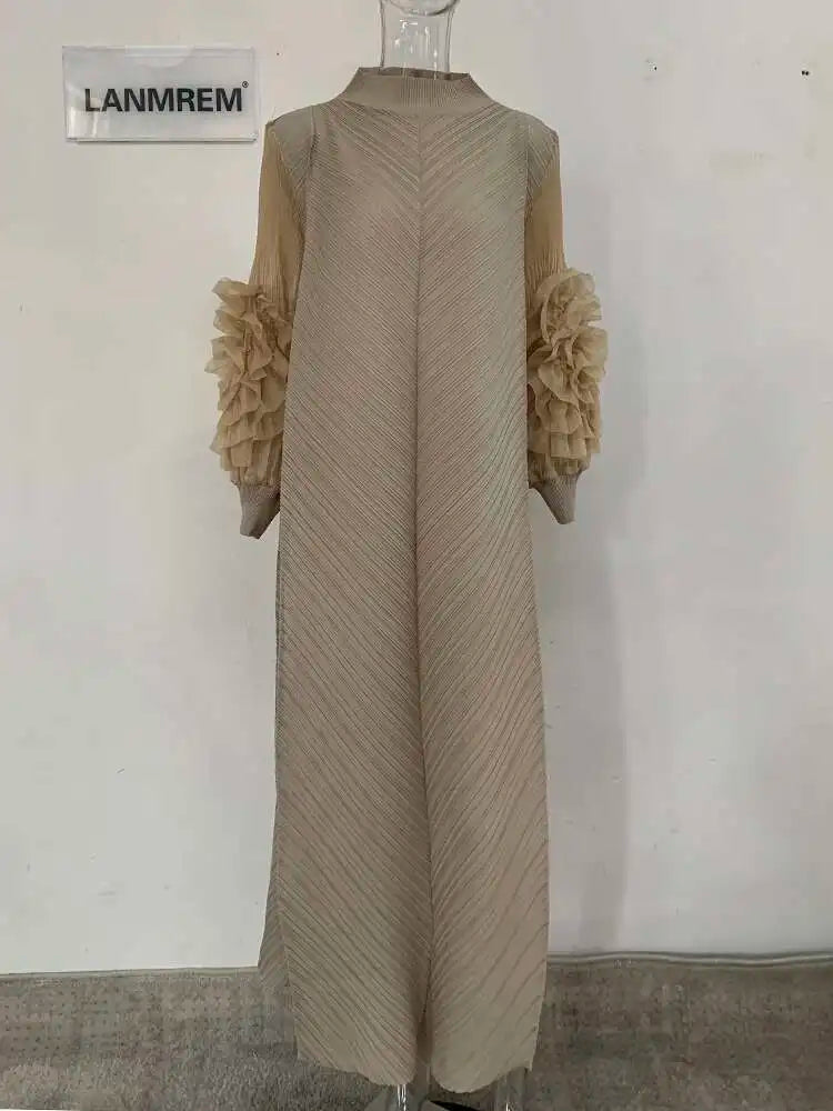 LANMREM Maxi Pleated Dress Round Neck Spliced Fungus Full Sleeve Dresses For Women 2025 New Spring Clothing 2Qa1331