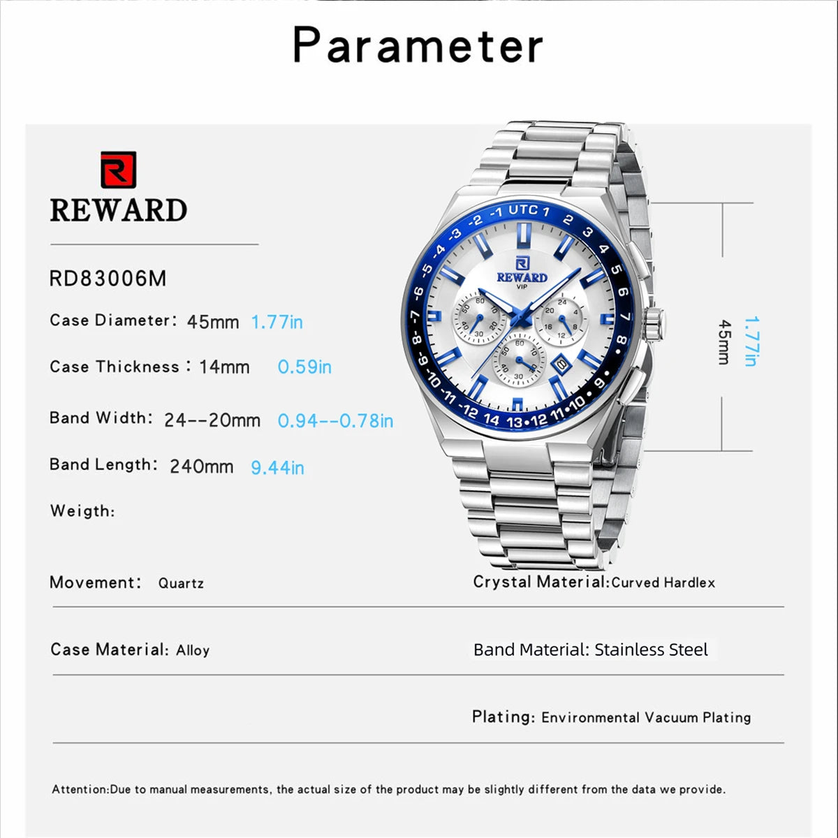 2026 REWARD Silvery White Quartz Watches for Men Luminous Hands Business Watches Stainlesss Steel Strap with Box