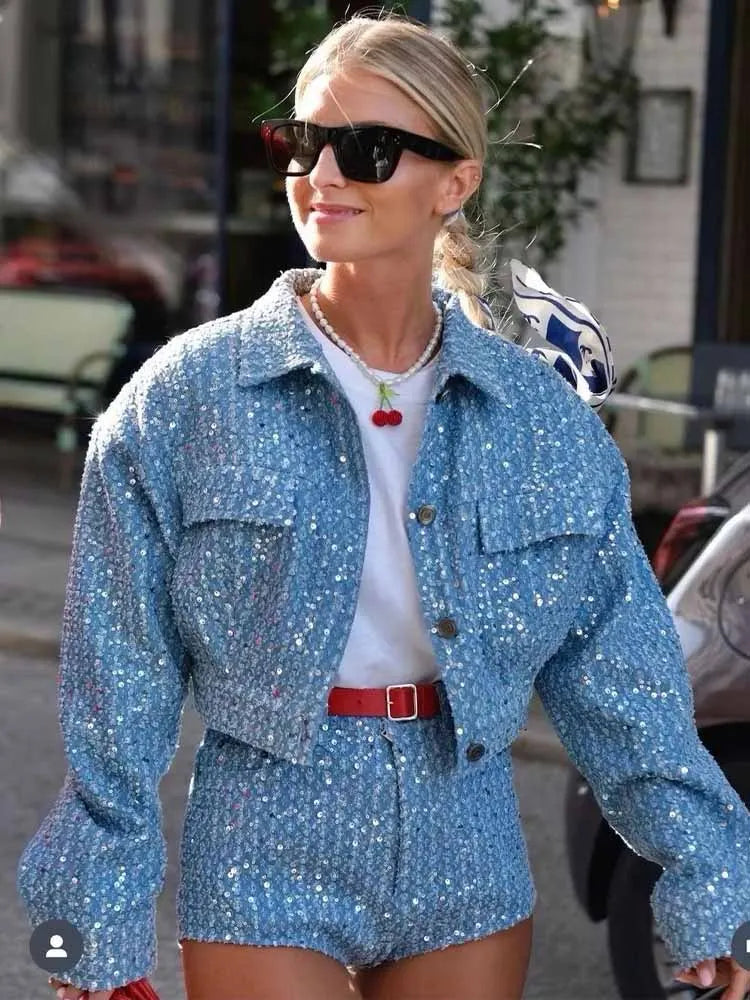 BKQU Sequins Denim Two Piece Shorts Set Women Fashion Long Sleeve Pocket Jacket And Jean Shorts 2025 Luxury Party Club Outfits
