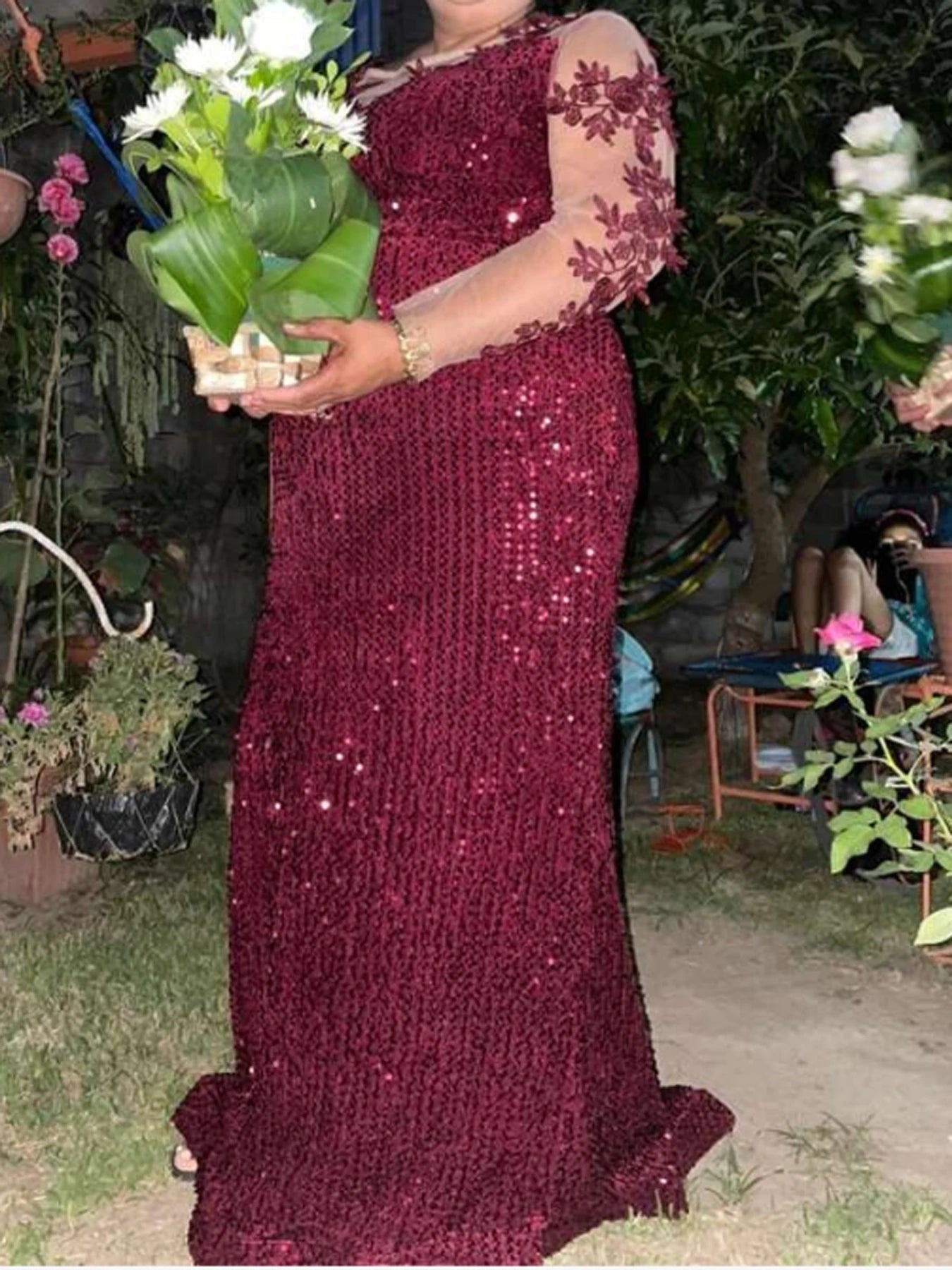 O Neck Curve Long Sequined Velvet Lace Evening Dress Prom Gown Floor Length Backless Maxi Dresses