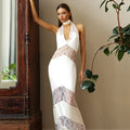 Sexy Backless Party Dress Women Patchwork Lace Sleeveless Halter Maxi Female Dresses 2025 V-neck Slim Hip Package Lady Robes