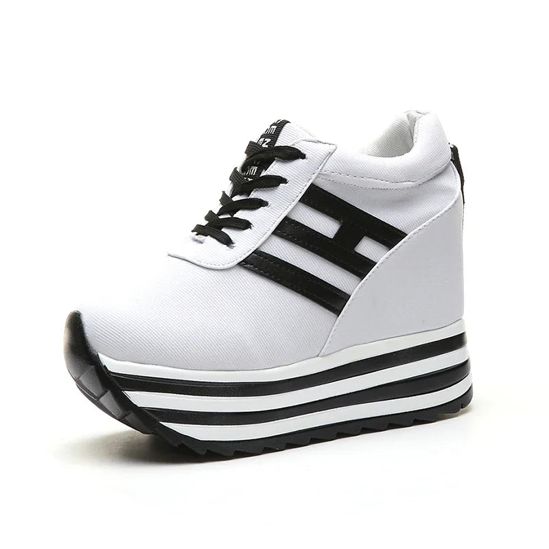 Women Sneakers Fashion Women 10CM Height Increasing Breathable Lace-Up Wedges Sneakers Platform Shoes Canvas Woman Casual Shoes
