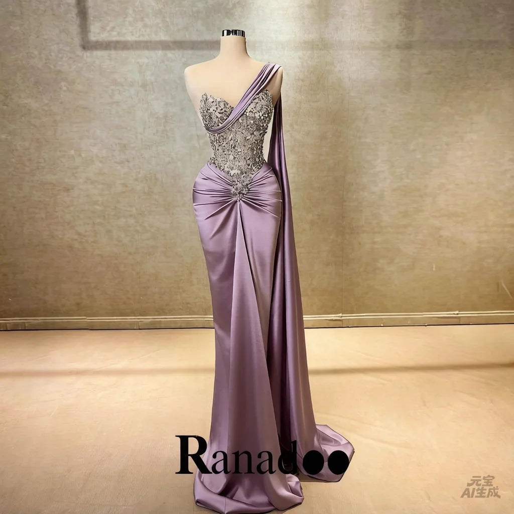 Ranadoo Charming One Shoulder Prom Dresses for Women Birthday Party Rhibestones Mermaid Ruched Vestido De Formatura Customized
