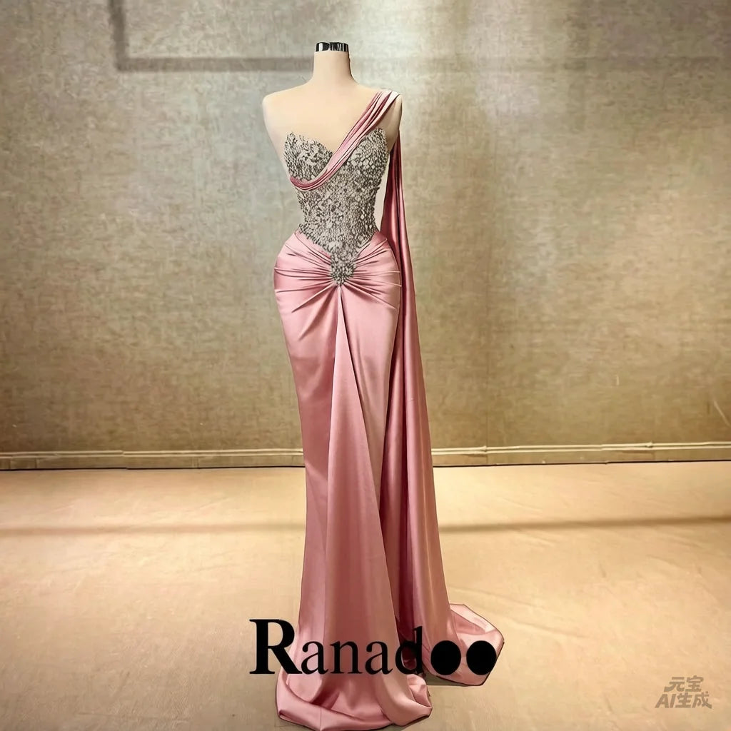 Ranadoo Charming One Shoulder Prom Dresses for Women Birthday Party Rhibestones Mermaid Ruched Vestido De Formatura Customized