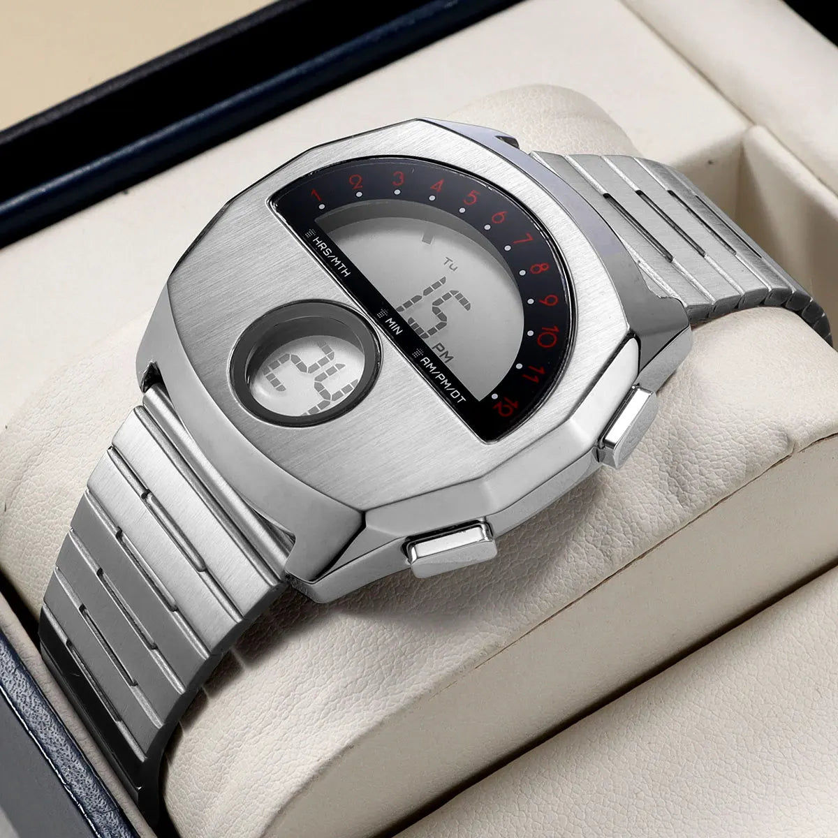 Unique Digital Watch for Men Stainless Steel Electronic Wristwatch with Calendar LED Backlight Cool Streetwear Style Watches