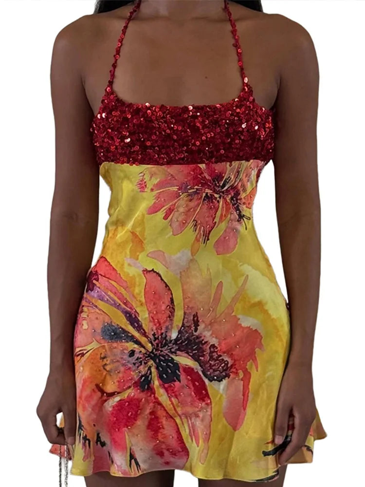 Sexy Print Sequined Mini Dress Women Party Sleeveless Backless Halter Slim Female Dresses 2026 Spring Summer Elegant Lady Robe