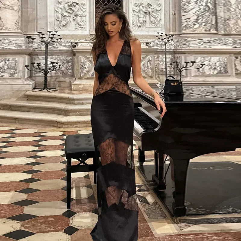 Sexy Backless Party Dress Women Patchwork Lace Sleeveless Halter Maxi Female Dresses 2025 V-neck Slim Hip Package Lady Robes