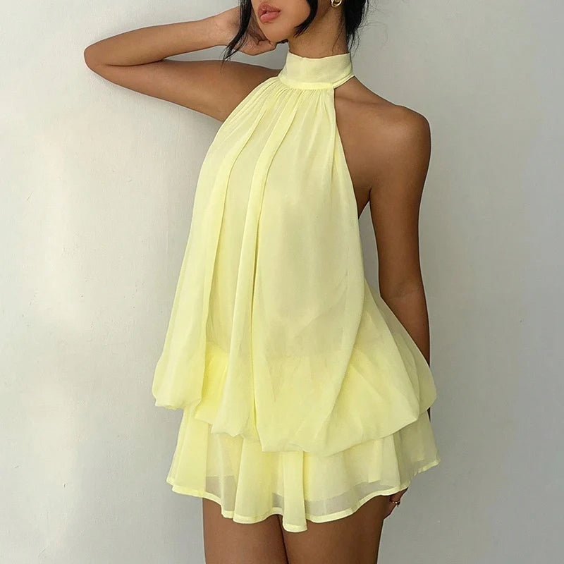 French Style Solid Color Halter Dress Women Sleeveless Off Shoulder Backless A Line Mini Dress Spicy Girl Beach Vacation Dresses