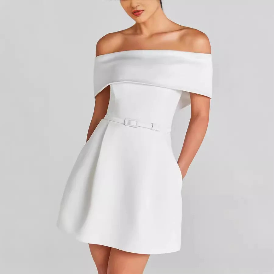 Elegant Off Shoulder Mini Dress Women Slash Neck Sleeveless Backless A-line Evening Dresses Female 2024 Autumn Lady Vestidos