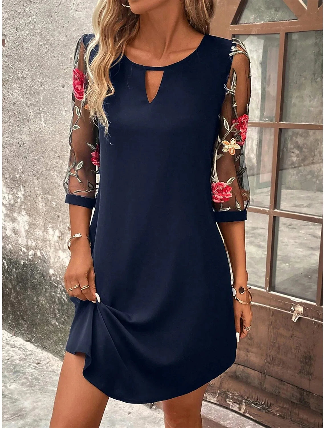 Lady Elegant Dress Fashion Print O Neck Three Quarter Pullover Dresses For Women Casual Office Skirts Womens Clothing Summer New