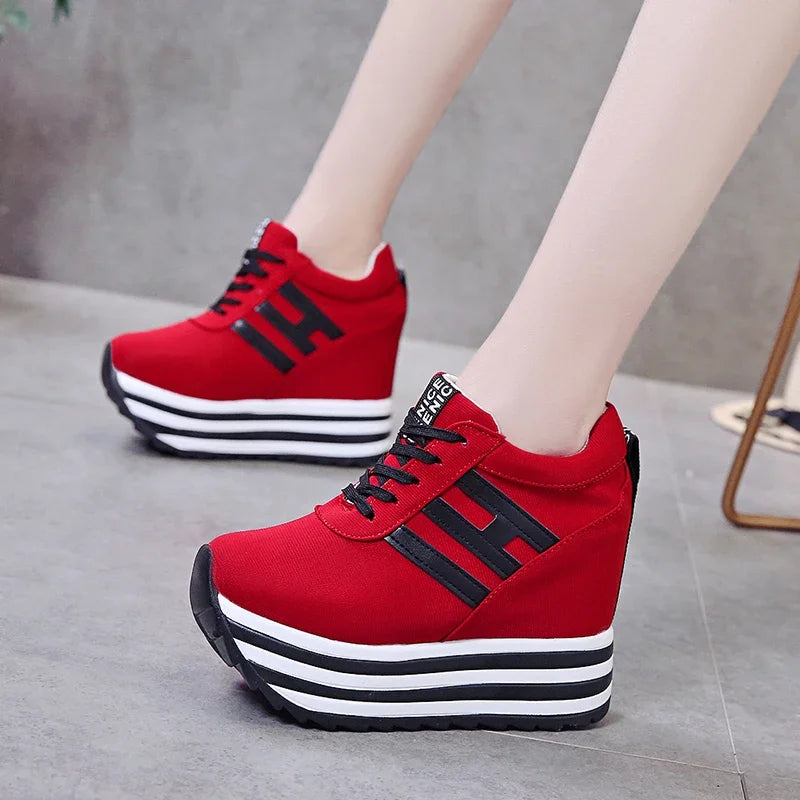Women Sneakers Fashion Women 10CM Height Increasing Breathable Lace-Up Wedges Sneakers Platform Shoes Canvas Woman Casual Shoes