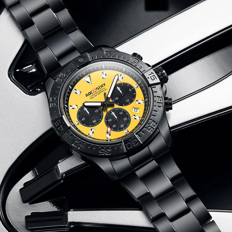 Men's watch, three eye six pin steel strap watch, luminous calendar, quartz watch