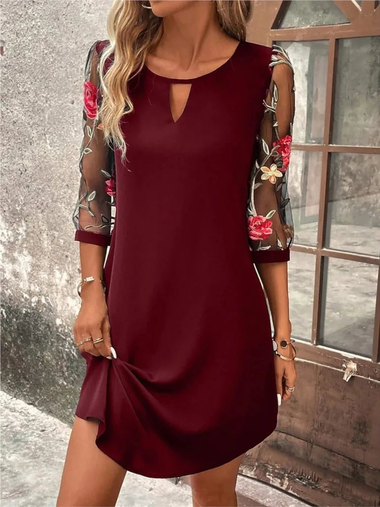 Lady Elegant Dress Fashion Print O Neck Three Quarter Pullover Dresses For Women Casual Office Skirts Womens Clothing Summer New