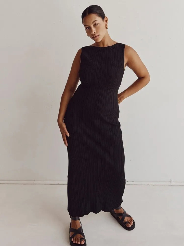 Cotton Knitted Stripe Dresses For Women Solid Color Sleeveless O Neck Ladies Party Long Dress 2025 New Casual Commuting Vestidos