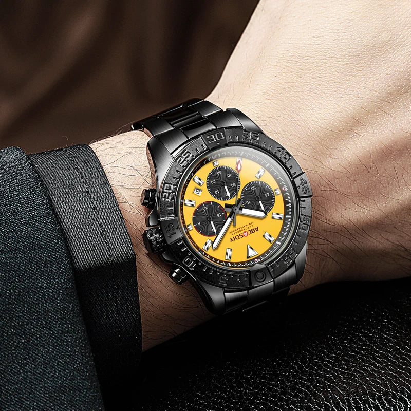 Men's watch, three eye six pin steel strap watch, luminous calendar, quartz watch