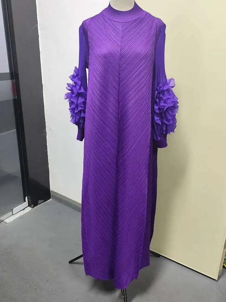 LANMREM Maxi Pleated Dress Round Neck Spliced Fungus Full Sleeve Dresses For Women 2025 New Spring Clothing 2Qa1331