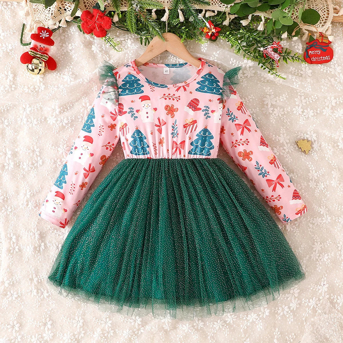 4-7Y Kids Christmas Dresses For Girls Bow Green Xmas Tree Hoodies Dress For New Year Kids Girl Evening Dress Festival Clothing