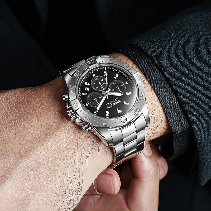 Men's watch, three eye six pin steel strap watch, luminous calendar, quartz watch