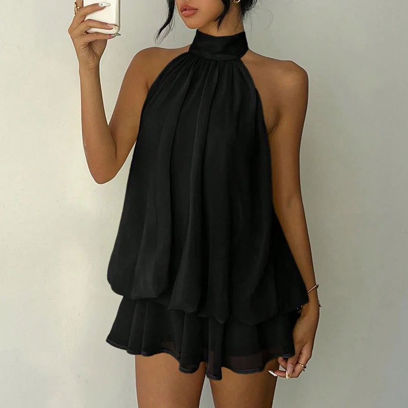 French Style Solid Color Halter Dress Women Sleeveless Off Shoulder Backless A Line Mini Dress Spicy Girl Beach Vacation Dresses